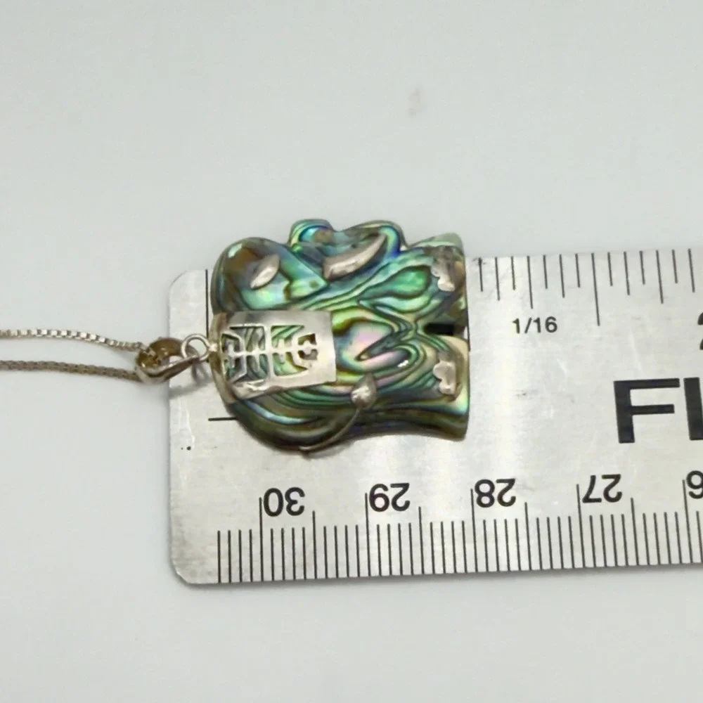 Vtg Abalone Shell Sterling Silver Necklace Elephant Chinese Good Luck Pendant